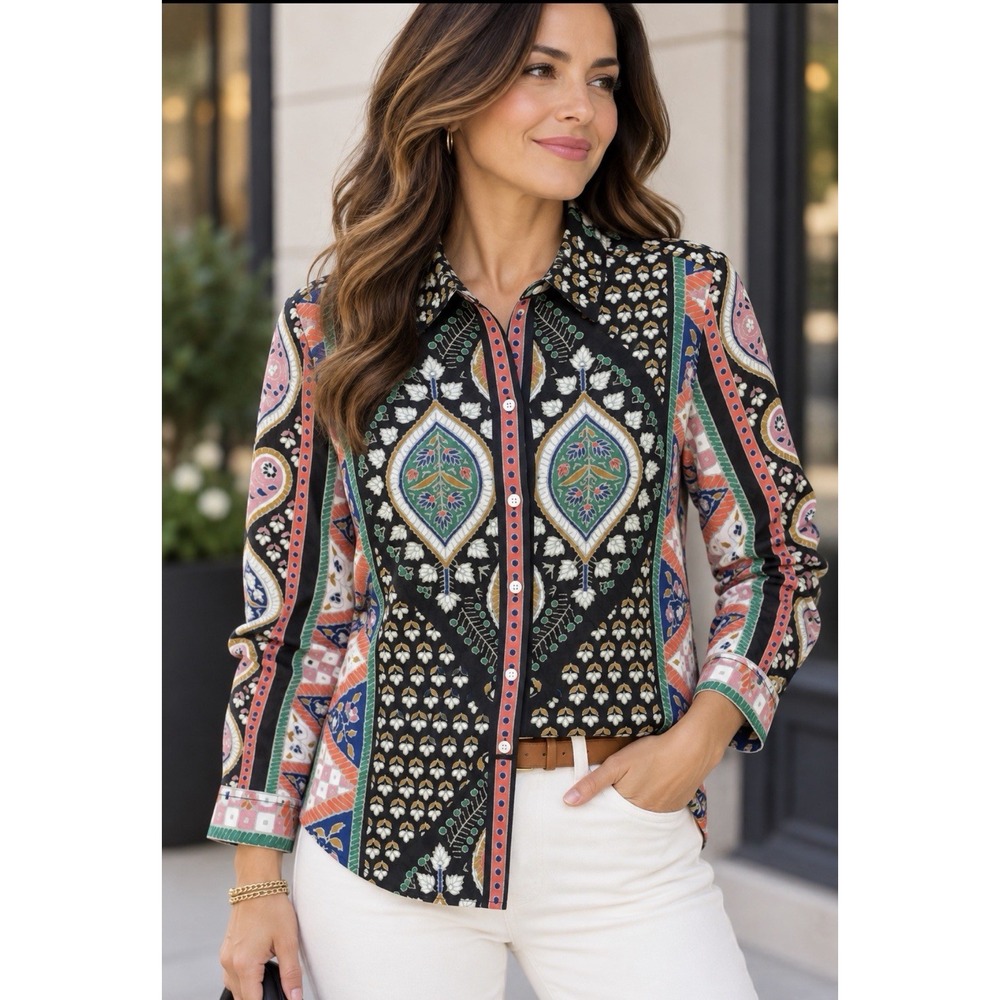 SEZANE Pierro Artemis Print Cotton Silk Shirt Blouse Womens 34 US 2 XS Button Up